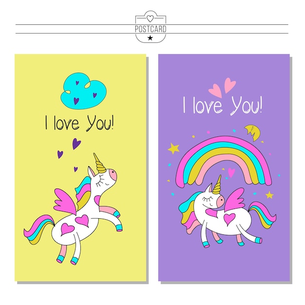 Carte De Voeux Joyeuse Saint-valentin. Licorne Et Arc-en-ciel. Illustration Vectorielle.