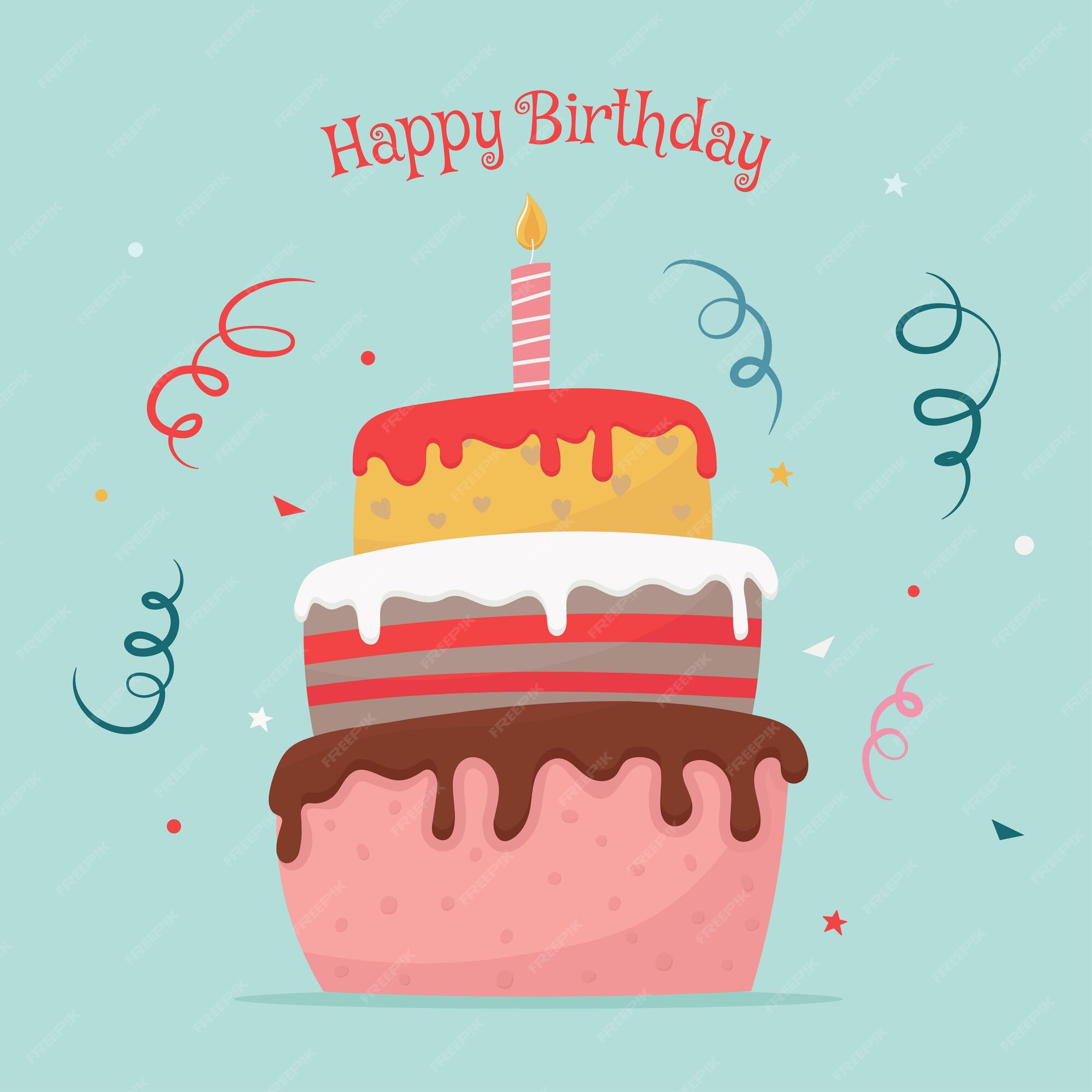 Carte De Voeux Joyeux Anniversaire Avec Gateau A Trois Etages Dans Un Style Plat De Dessin Anime Vecteur Premium