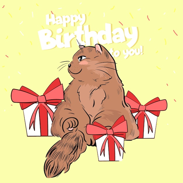 Carte De Voeux Joyeux Anniversaire Avec Illustration De Chat Mignon Avec Cadeau