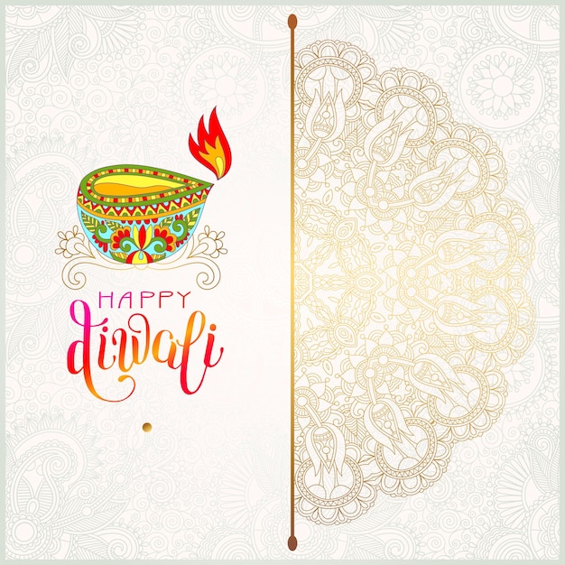 Carte De Voeux Joyeux Diwali En Or Avec Inscription Manuscrite Au Festival De La Communauté De Lumière Indienne, Illustration Vectorielle Eps 10