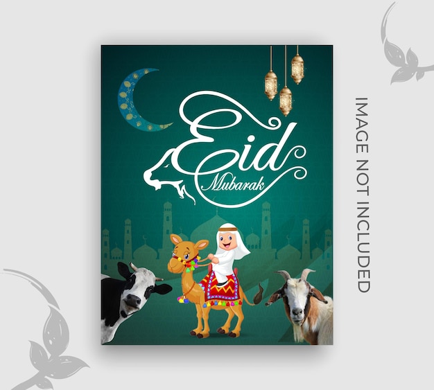 Vecteur carte de voeux joyeux eid al adha avec animal halal et design haut de gamme de mosquée d'arrière-plan