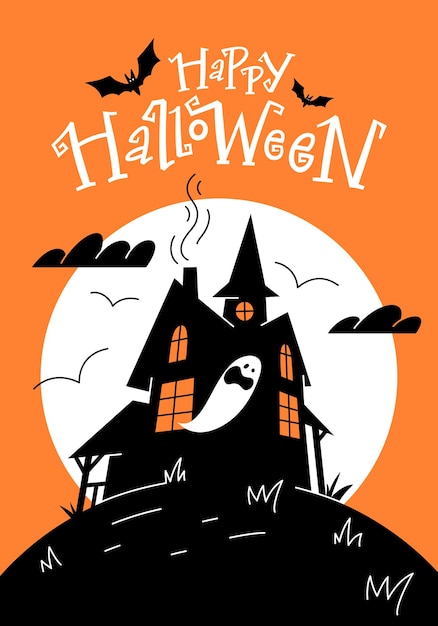 Carte De Voeux Joyeux Halloween Avec Maison Hantée Et Texte Manuscrit