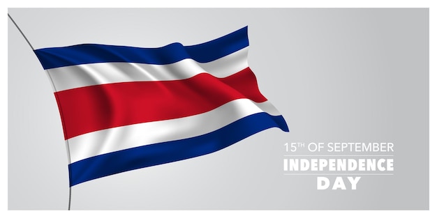 Vecteur carte de voeux de joyeux jour de l'indépendance du costa rica, bannière, illustration vectorielle horizontale. élément de design des vacances costaricaines du 15 septembre avec drapeau ondulant comme symbole de l'indépendance
