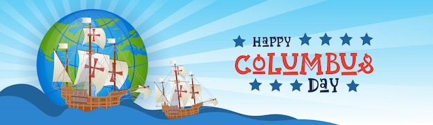 Carte De Voeux De Joyeux Jour National Columbus Usa Avec Bateau Dans L'océan