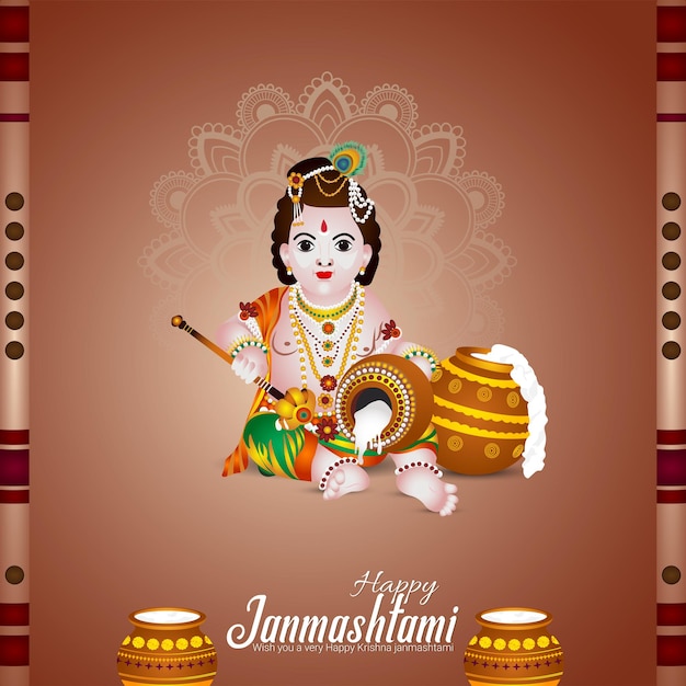 Carte De Voeux Joyeux Krishna Janmashtami Avec Illustration Vectorielle