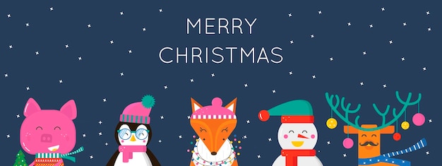 Carte De Voeux Joyeux Noël Avec Des Animaux Mignons Cochon Renne Pingouin Renard Et Bonhomme De Neige