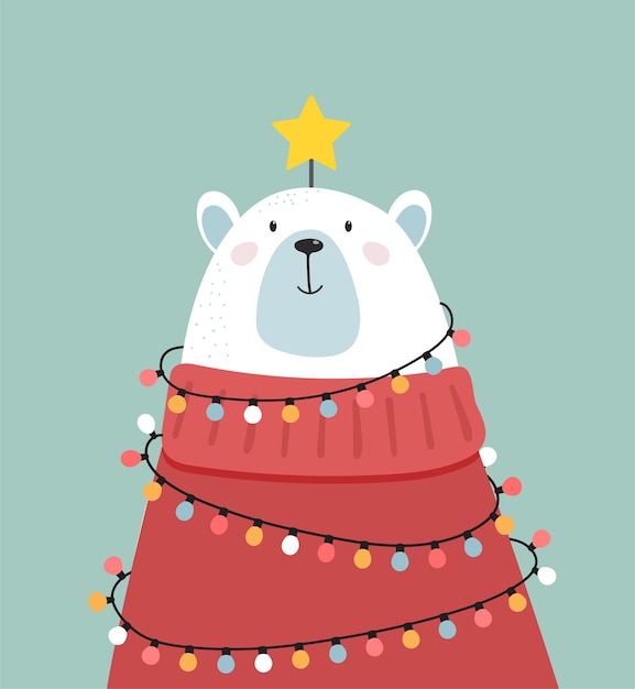 Carte De Voeux Joyeux Noël, Bannière. Ours Polaire Blanc Ressemblant à Un Arbre De Noël, Illustration De Dessin Animé De Vecteur