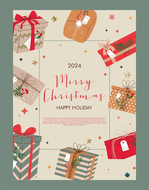 Vecteur carte de vœux de joyeux noël avec boîtes à cadeaux dessinées à la main doodle boîtes de cadeaux illustration vectorielle