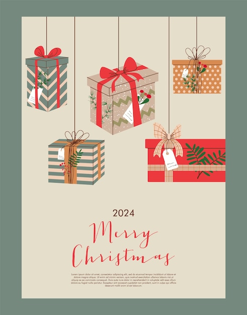 Vecteur carte de vœux de joyeux noël avec boîtes à cadeaux dessinées à la main doodle boîtes de cadeaux illustration vectorielle