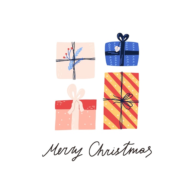 Carte de voeux joyeux Noël avec coffrets cadeaux et illustration de vecteur plat texte dessiné à la main sur blanc