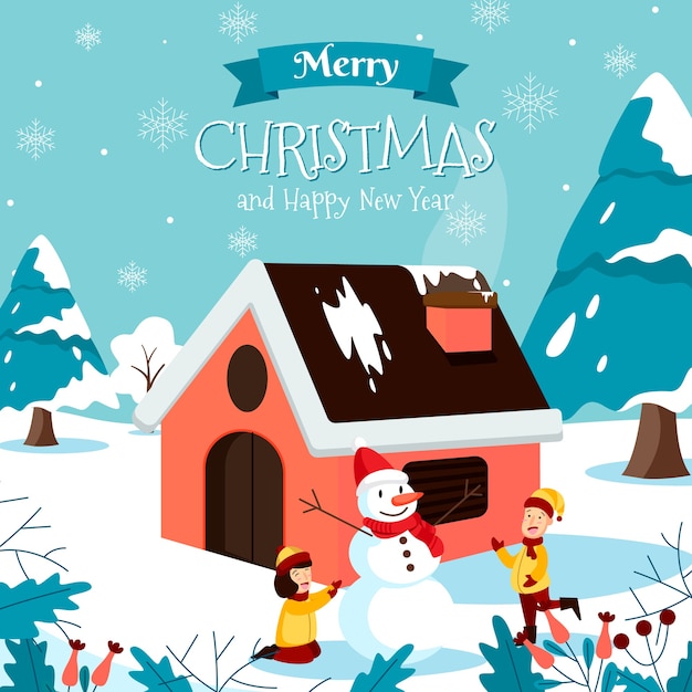 Carte De Voeux Joyeux Noël Avec Des Enfants Faisant Bonhomme De Neige Et Texte