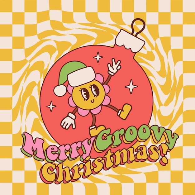 Carte De Voeux Joyeux Noël Groovy Avec Boule De Boule De Sapin De Noël Personnage De Dessin Animé Rétro