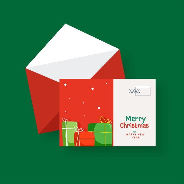 Carte De Voeux Joyeux Noël Et Nouvel An Avec Enveloppe De Couleur Rouge Et Blanche.