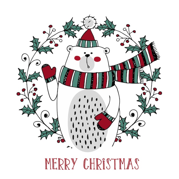 Carte De Voeux Joyeux Noël Ours Blanc Mignon Dans Une écharpe En Hiver Style Doodle Vector