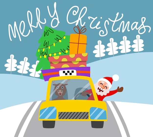 Vecteur carte de voeux joyeux noël un taxi de noël jaune avec un arbre et des cadeaux conduit sur la route