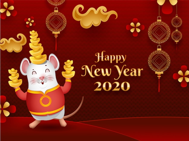 Carte de voeux de joyeux nouvel an chinois 2020 avec rat de dessin animé mignon tenant des lingots et des ornements chinois décorés