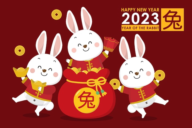 Vecteur carte de voeux joyeux nouvel an chinois 2023 avec un lapin mignon en costume rouge avec de l'argent d'or de richesse