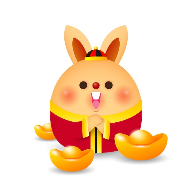 Carte De Voeux Joyeux Nouvel An Chinois 2023, Mignon Petit Lapin Et Lingots D'or Chinois