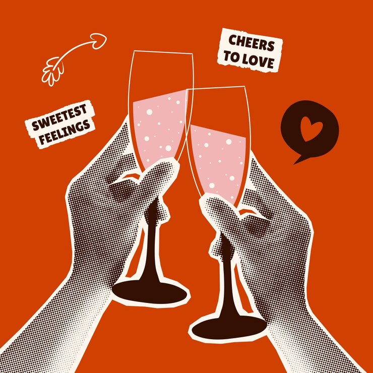 Vecteur carte de vœux avec des mains à demi-tones tenant des verres de champagne poste collage pour valentines