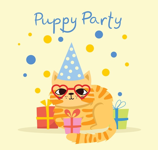 Carte De Voeux Mignonne Fête Kitty Avec Des Cadeaux Et Chiots Chien Et Chats Dans Le Style Plat