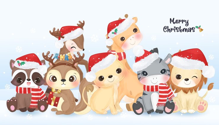 Vecteur carte de voeux de noël avec des animaux sauvages mignons ensemble