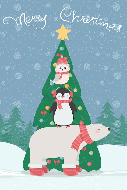 Carte De Voeux De Noël Avec Arbre De Noël Et Animaux Mignons