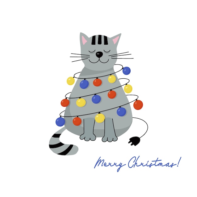 Carte De Voeux De Noël Chat Gris Heureux Avec Une Guirlande De Lumières Multicolores