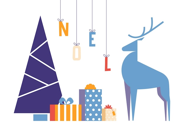 Vecteur carte de voeux de noël avec des coffrets cadeaux décorés d'arbres et des cerfs cadeaux plats pour les vacances noel texte vacances d'hiver