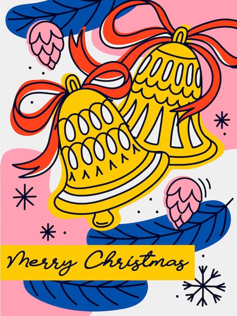 Carte De Voeux De Noël Décorée De Cloches De Noël, De Branches De Sapin Et De Flocons De Neige