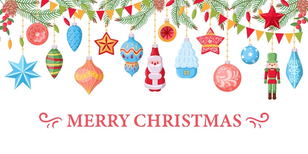 Carte de voeux de Noël de dessin animé avec des décorations d'arbre de Noël vector illustration d'arrière-plan