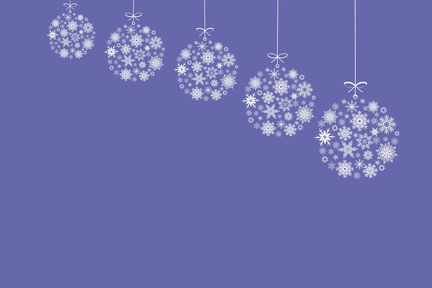 Carte de voeux de Noël et du nouvel an, boules de flocons de neige blancs sur fond violet