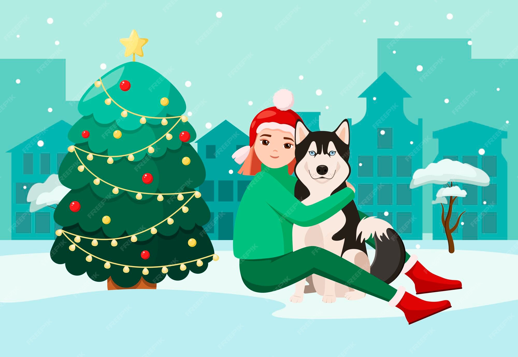 Carte de voeux de Noël avec une fille et un chien. Conception de dessin