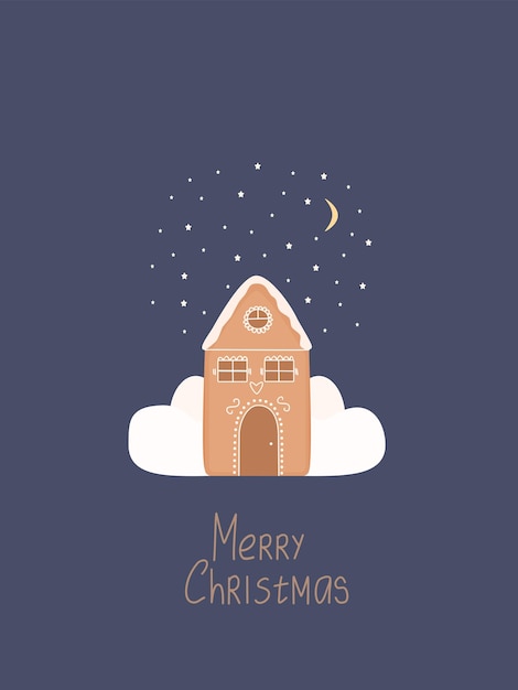 Carte de vœux de Noël avec maison de pain d'épice étoiles et lune Carte de voeux vectorielle avec texte