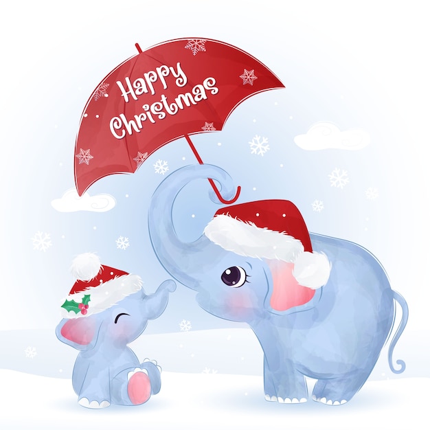 Carte de voeux de Noël avec maman mignonne et bébé éléphant