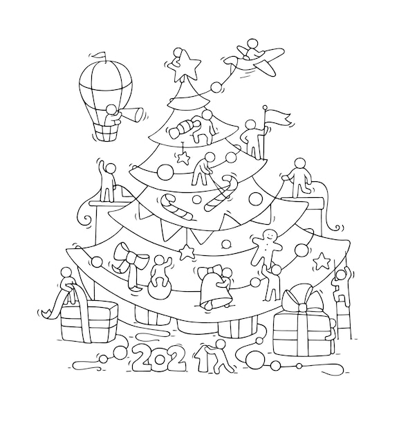 Carte De Voeux De Nouvel An. Illustration De Dessin Animé De Doodle Avec De Petites Personnes Se Préparent à La Célébration.
