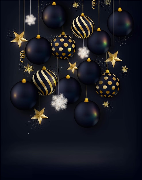 Carte de voeux de nouvel an Noël fond noir avec des boules noires