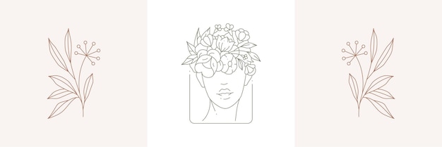 Carte de voeux pastel simple linéaire sertie de portrait de femme fleur art déco logo de pissenlit naturel