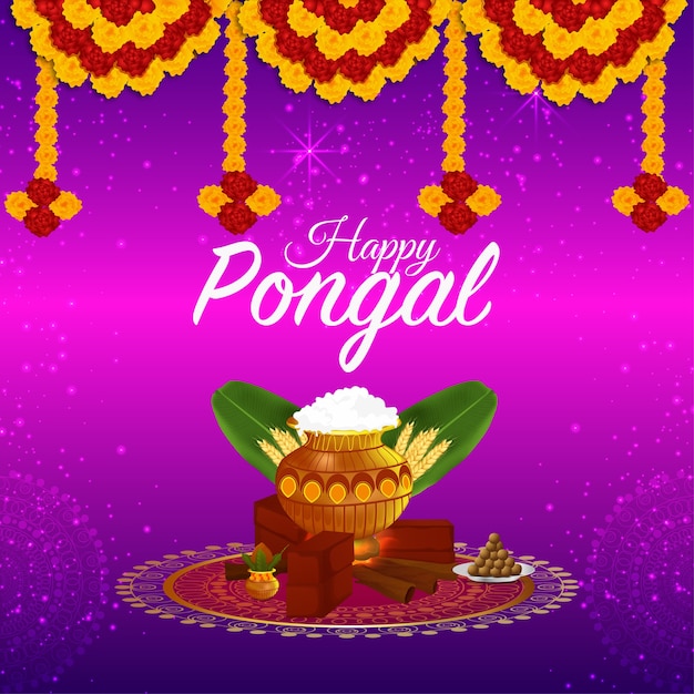 Carte De Voeux Pour Joyeuse Fête De Pongal Avec Pot De Boue Et Kalash