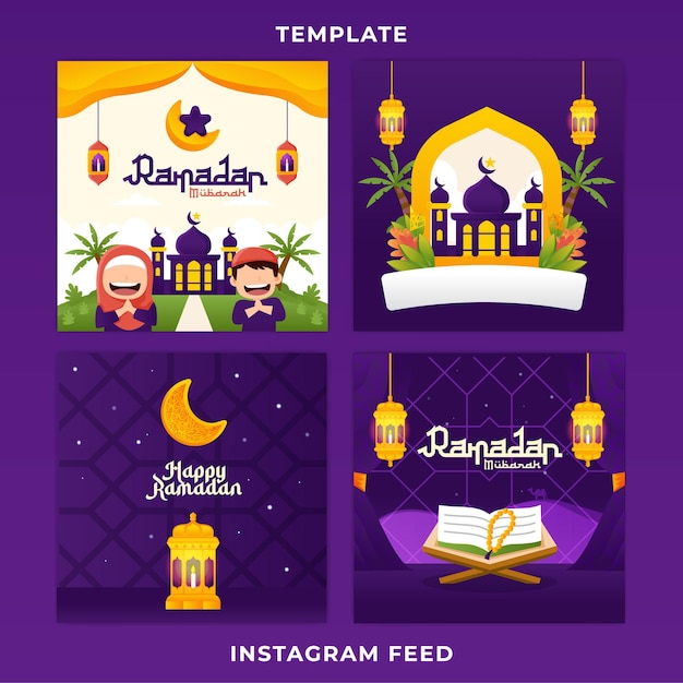 Carte De Voeux Ramadan Kareem Dessin Animé Mignon Enfants Musulmans Multicolores Avec Lanterne Sur Thème Violet