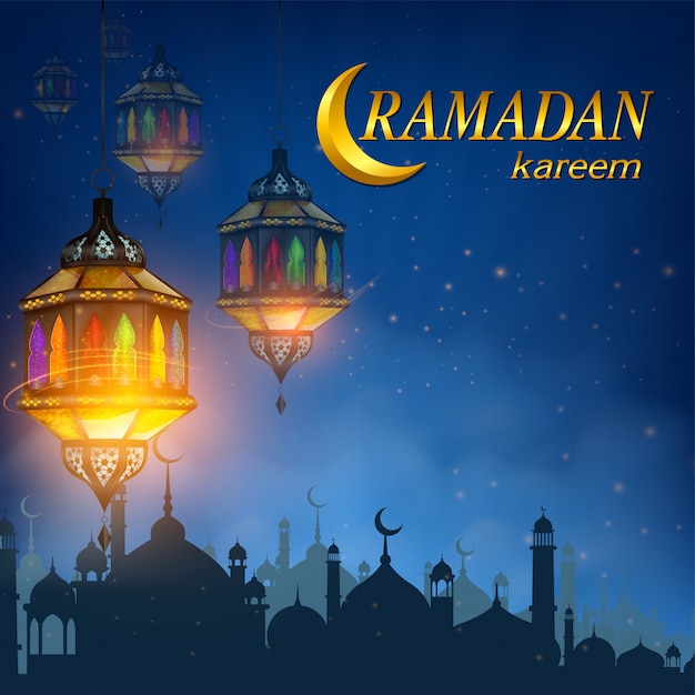 Vecteur carte de voeux ramadan kareem ou eid mubarak avec lampe ramadan, lanterne lune et étoiles