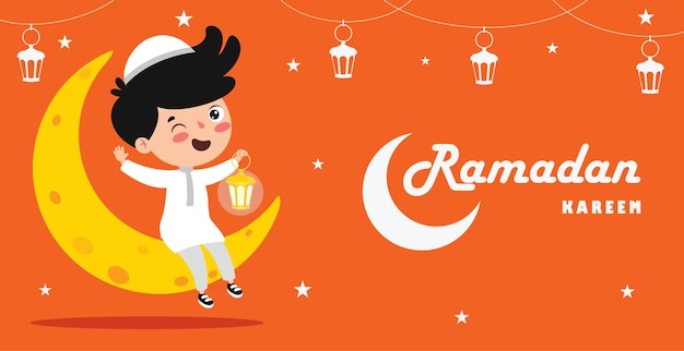 Carte De Voeux Ramadan Kareem Avec Enfant Assis Sur Le Croissant De Lune