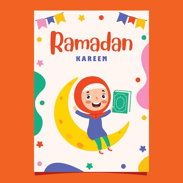 Carte De Voeux Ramadan Kareem Avec Enfant Assis Sur Le Croissant De Lune