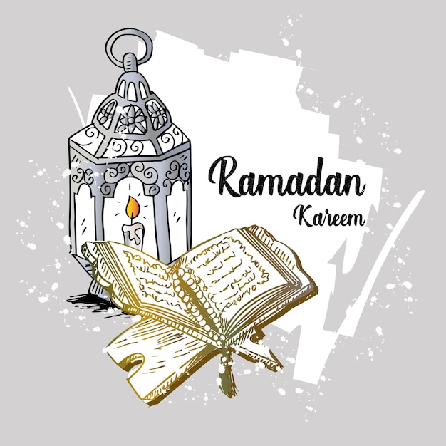 Carte de voeux Ramadan Kareem avec lanterne et Coran