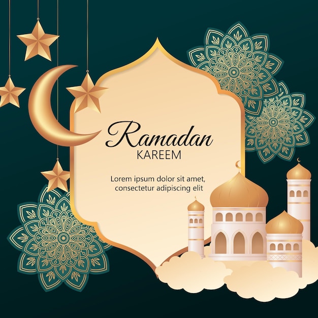 Carte De Voeux Ramadan Kareem Avec Modèle D'étiquette De Texte Décoré D'un élégant Croissant De Lune Et D'étoiles