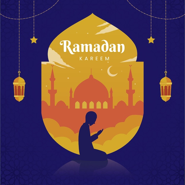 Carte De Voeux Ramadan Kareem Avec Mosquée Et Silhouette Homme Priant