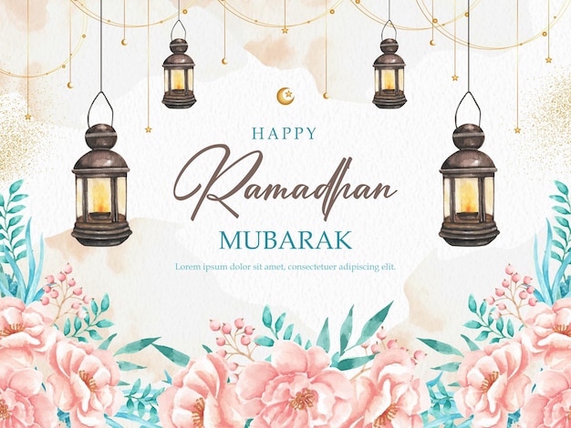 Vecteur carte de vœux de ramadan mubarak avec une lanterne et un arrangement de fleurs en arrière-plan