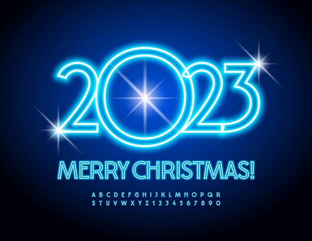 Carte de voeux rougeoyante de vecteur Joyeux Noël 2023 ! Police élégante au néon. Alphabet lumineux bleu