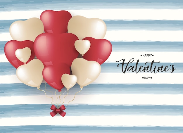 Carte De Voeux Saint Valentin Avec Un Bouquet De Ballons Rouges Et Or Affiche De La Saint Valentin Heureuse Sur Une Illustration Vectorielle De Fond Rayures Bleues