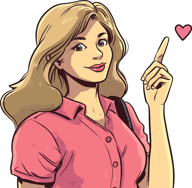 Vecteur carte de vœux de la saint-valentin fille en chemise rose pointant vers le cœur