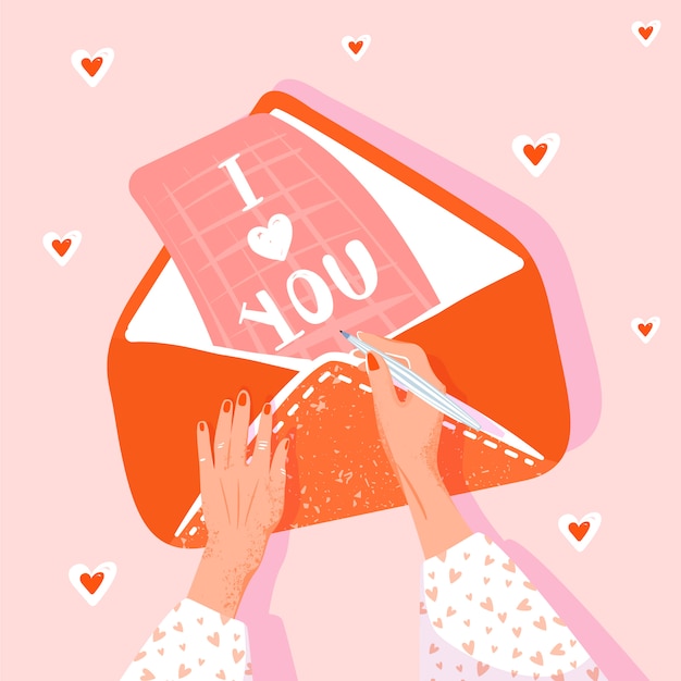 Carte De Voeux Saint Valentin. Fille écrit Une Lettre D'amour. Illustration Avec Les Mains De La Femme, Enveloppe Et Lettre. Illustration Vectorielle